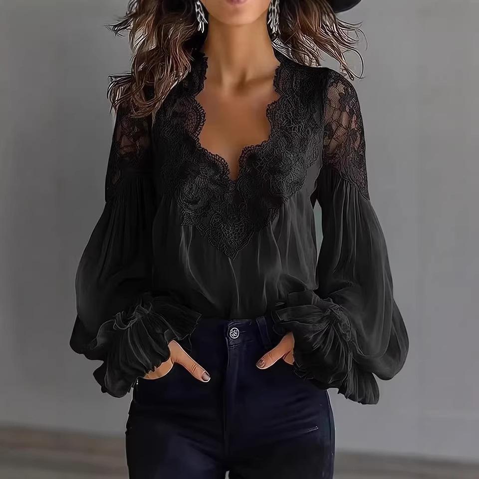 Женская блузка в европейском и американском стиле с пэчворком из кружева, пышными рукавами и складками (2026)