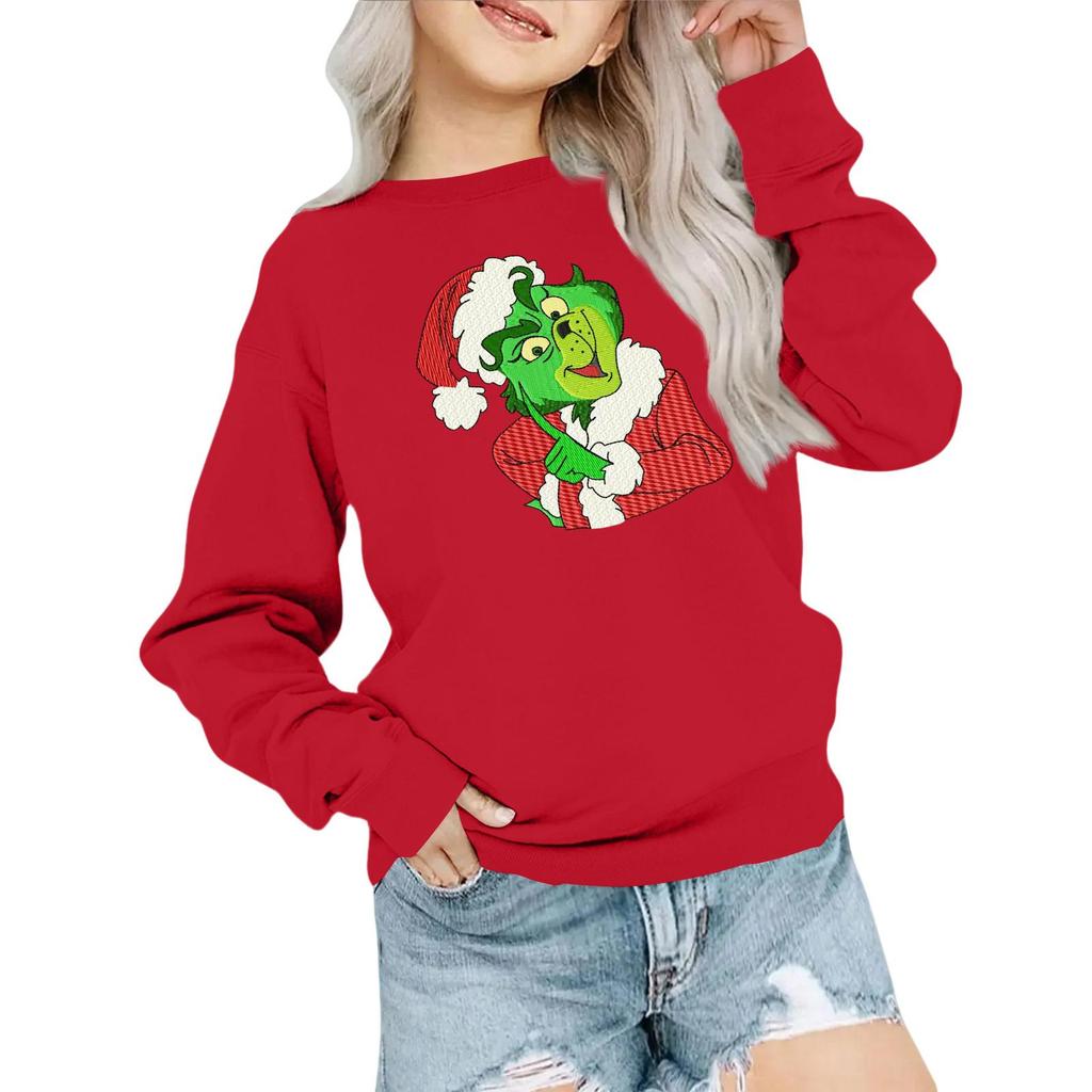 Kids' Fashion Loose-Fit Casual Long-Sleeve Christmas Print Oversized Crewneck Sweatshirt