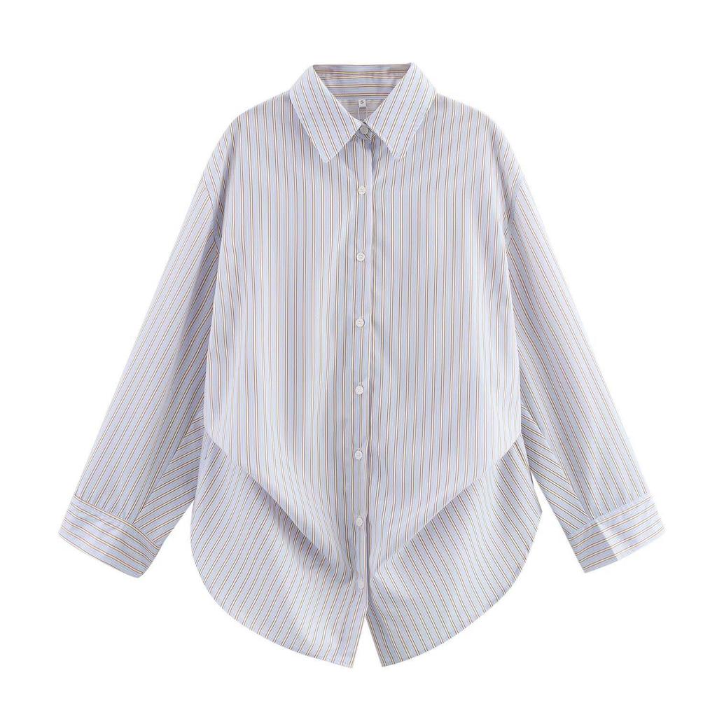 2025 Весна Женская Европейский и Американский Стиль Хлопковая Рукав Летучая Мышь Полосатая Рубашка с Длинным Рукавом