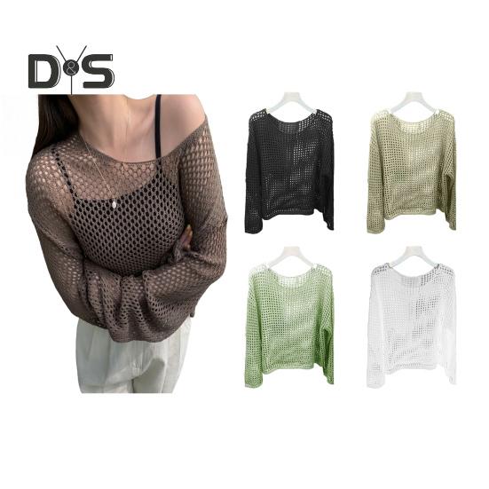 Солнцезащитный чехол с круглым вырезом и длинным рукавом, однотонные трикотажные топы свободного кроя, ажурный трикотажный дизайн, повседневные топы