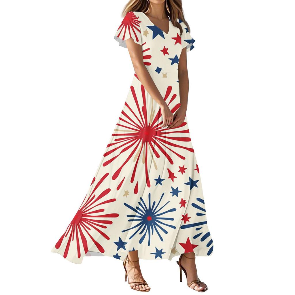Женские повседневные модные платья с принтом ко Дню независимости, платья с коротким рукавом и V-образным вырезом