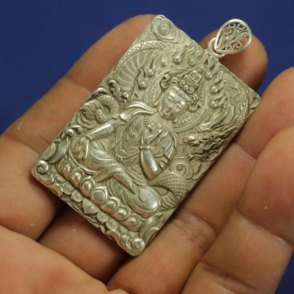 Chinese Old Tibet Silver Carved Kwan-Yin&dragon Statues Amulet Necklace Pendant