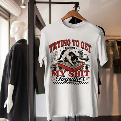 Trying To Get My Shit Together Cat Unisex T Shirt Retro Litter Box Graphic Tee Streetwear Funny Adult Humor Gift For Pet Owner