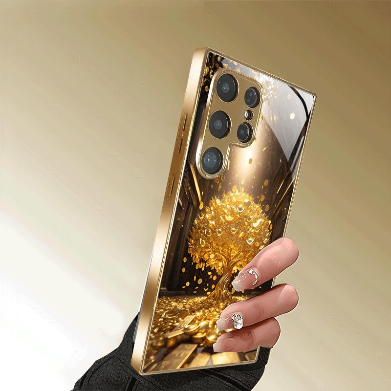 Позолоченный чехол для телефона из закаленного стекла, совместимый с Galaxy S26 S25 S24 S23 S22 Ultra Plus. Имеет трехслойный золотой узор.