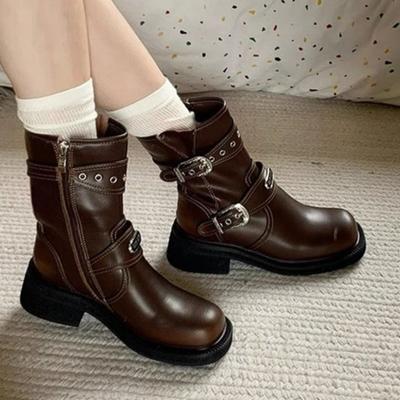 Женские ботинки 2024 Новые Однотонные Хит продаж Осень Ботильоны с пряжкой на ремне Ботинки на толстой подошве Женские Модные Ручной работы