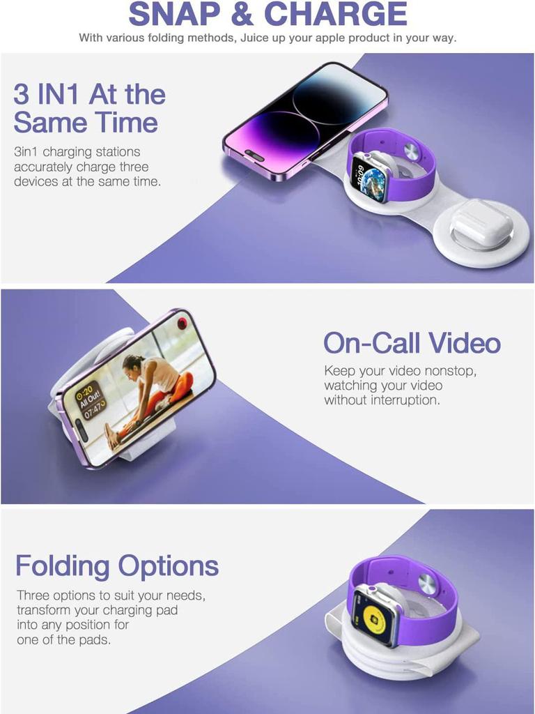 Foldable 3-in-1 Wireless Charger for Mobile, Apple Watch, Magsafe, Huawei