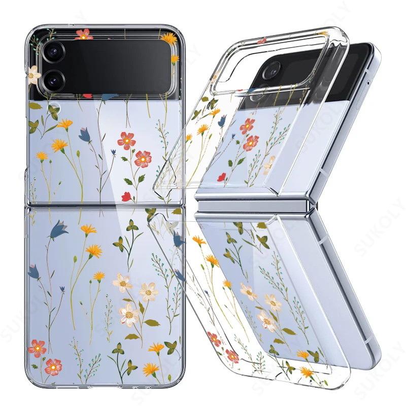 For Samsung Galaxy Z Flip5 Flip6 Flip4 Case Flower Pattern Shockproof Folding Transparent Cover For Samsung Galaxy Z Flip 5 4 3