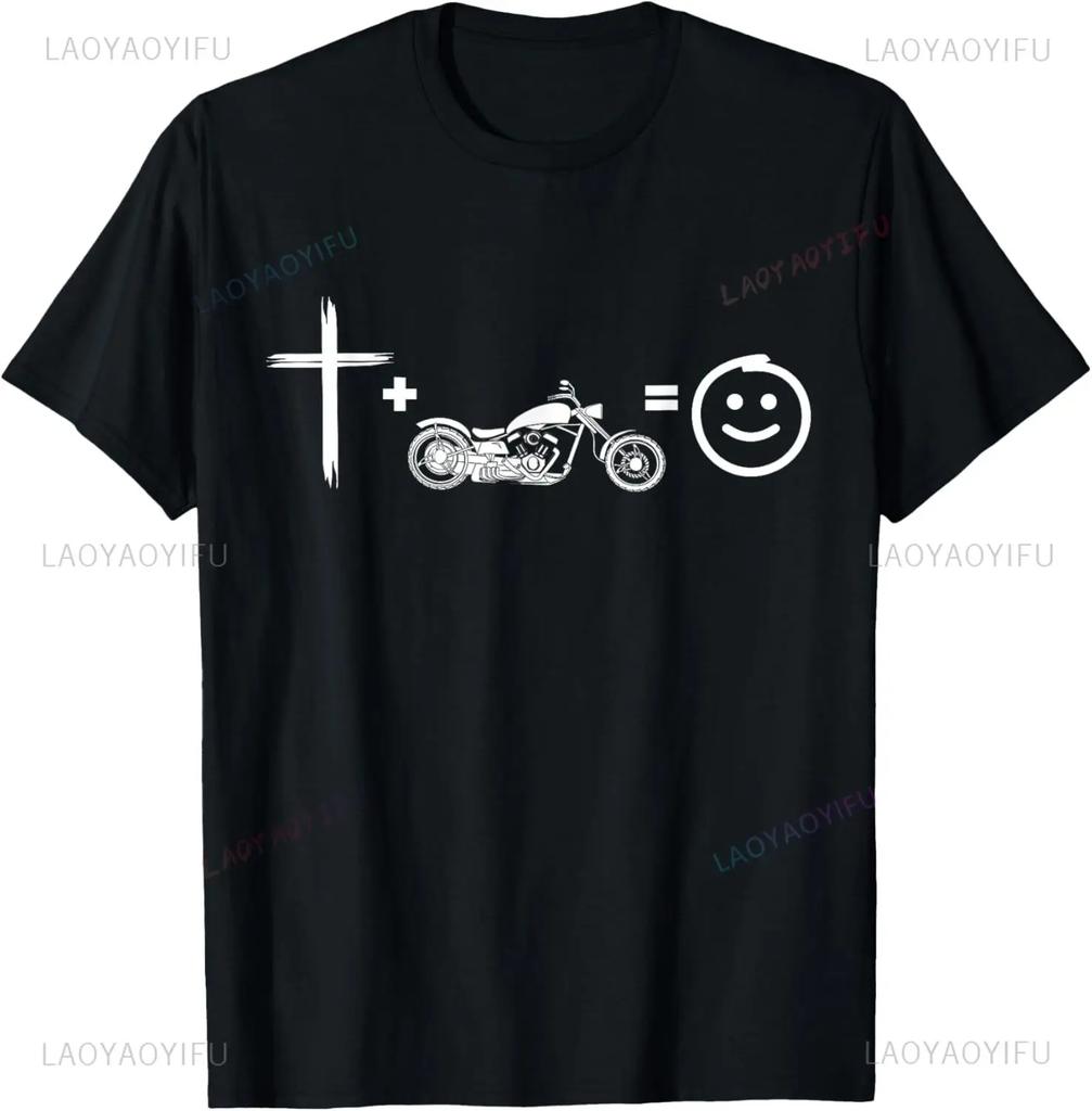 Jesus and Motorcycles Makes Me Happy Funny Christian Biker TShirt Graphic T Shirts Print on Demand Camisas Streetwear