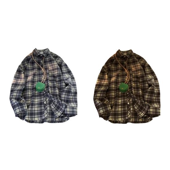 Весна-осень Мужская рубашка с отложным воротником в клетку с принтом Свободная рубашка на пуговицах в стиле ретро-американской моды с длинным рукавом Уличная одежда для путешествий Повседневная одежда