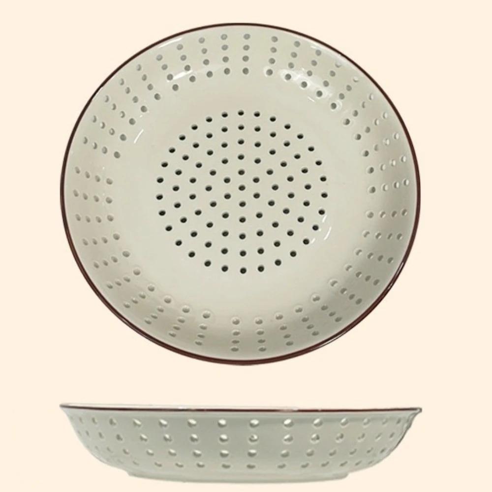 Ceramic Round Steaming Grid Brown Rim Drain Plate Colander Bowl Fruit Vegetable Washing\