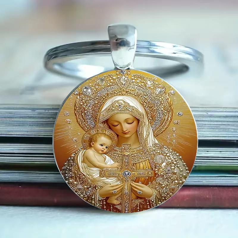 Virgin Blessed Mary Artistic Round Keyring Keychain For Faith Gifts Inspiration