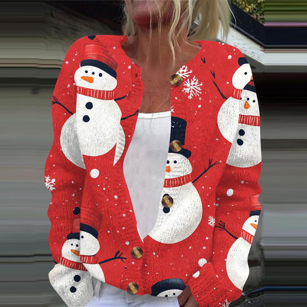 Женская мода рождественский принт длинный рукав вязаный кардиган пуховик