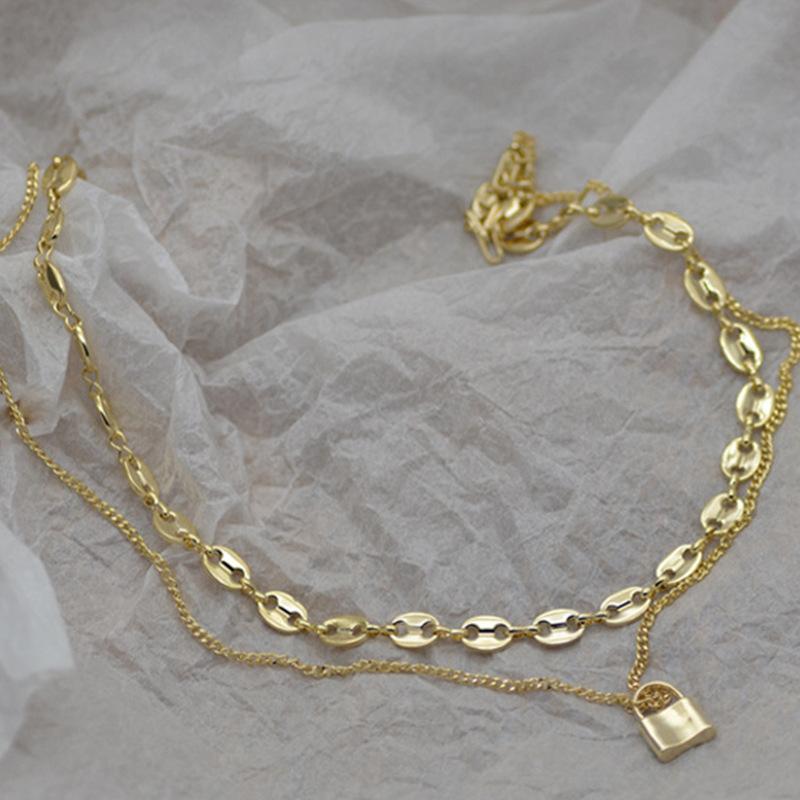 Pig Nose Collarbone Multi-Layer Necklace Handmade Chain Plated Real Gold Metal Stacked Pendant Lock