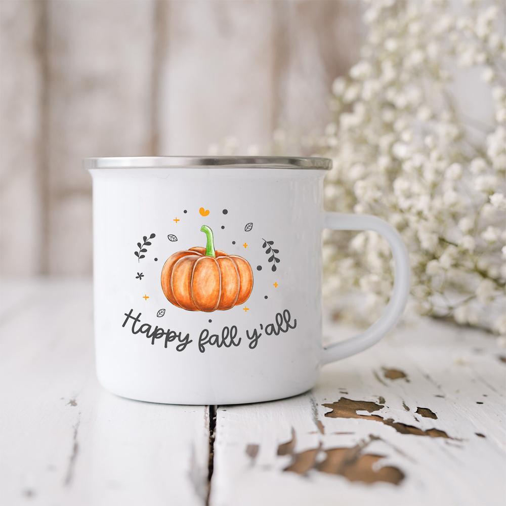 Hello Pumpkin Enamel Mug Halloween Camping Mug Gift For Grandma Mum Nana Autumn Home Decor Hygge Gift Fall Coffee Mug