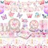 Pink Butterfly Spring Tea Party Tableware: Disposable Cups, Napkins & Banners