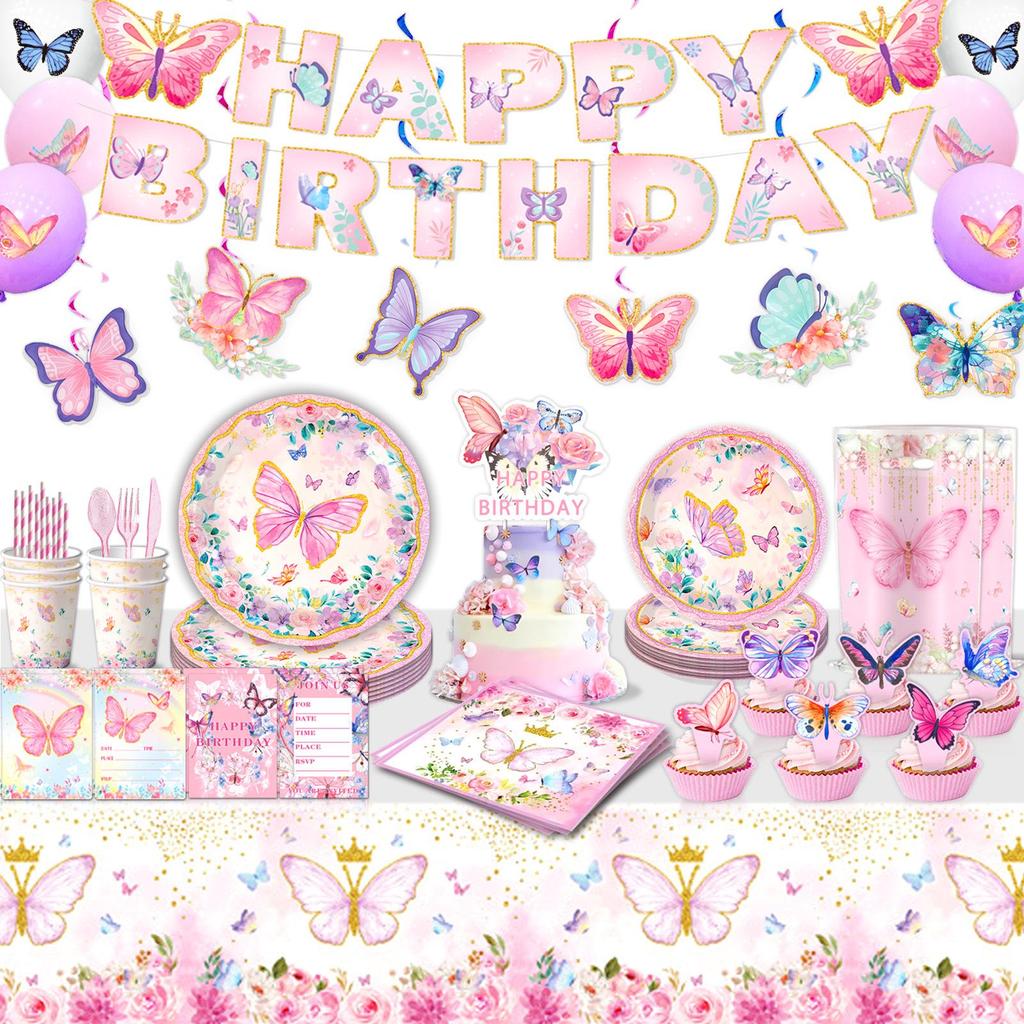 Pink Butterfly Spring Tea Party Tableware: Disposable Cups, Napkins & Banners