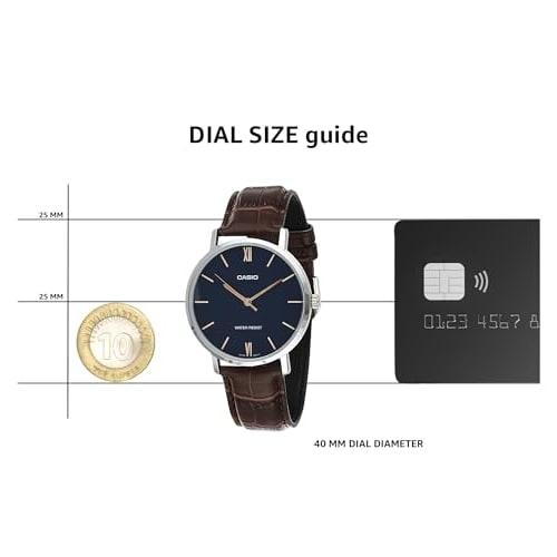 Casio MTP-VT01L-2B Men's Minimalist Blue Dial Analog Watch with Brown Leather Band, Silver, One Size, Quartz Movement.