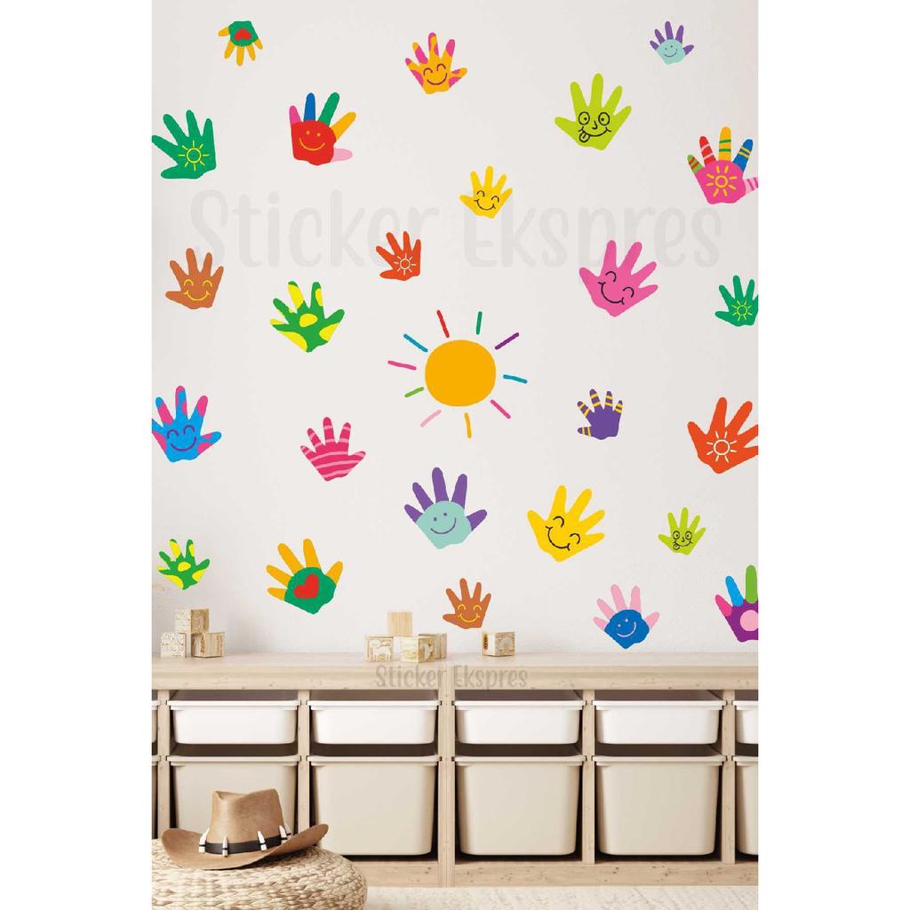 Colorful Handprints And Sun Handprint Kindergarten Nursery School Children's Room Wall Door Glass Sticker Set