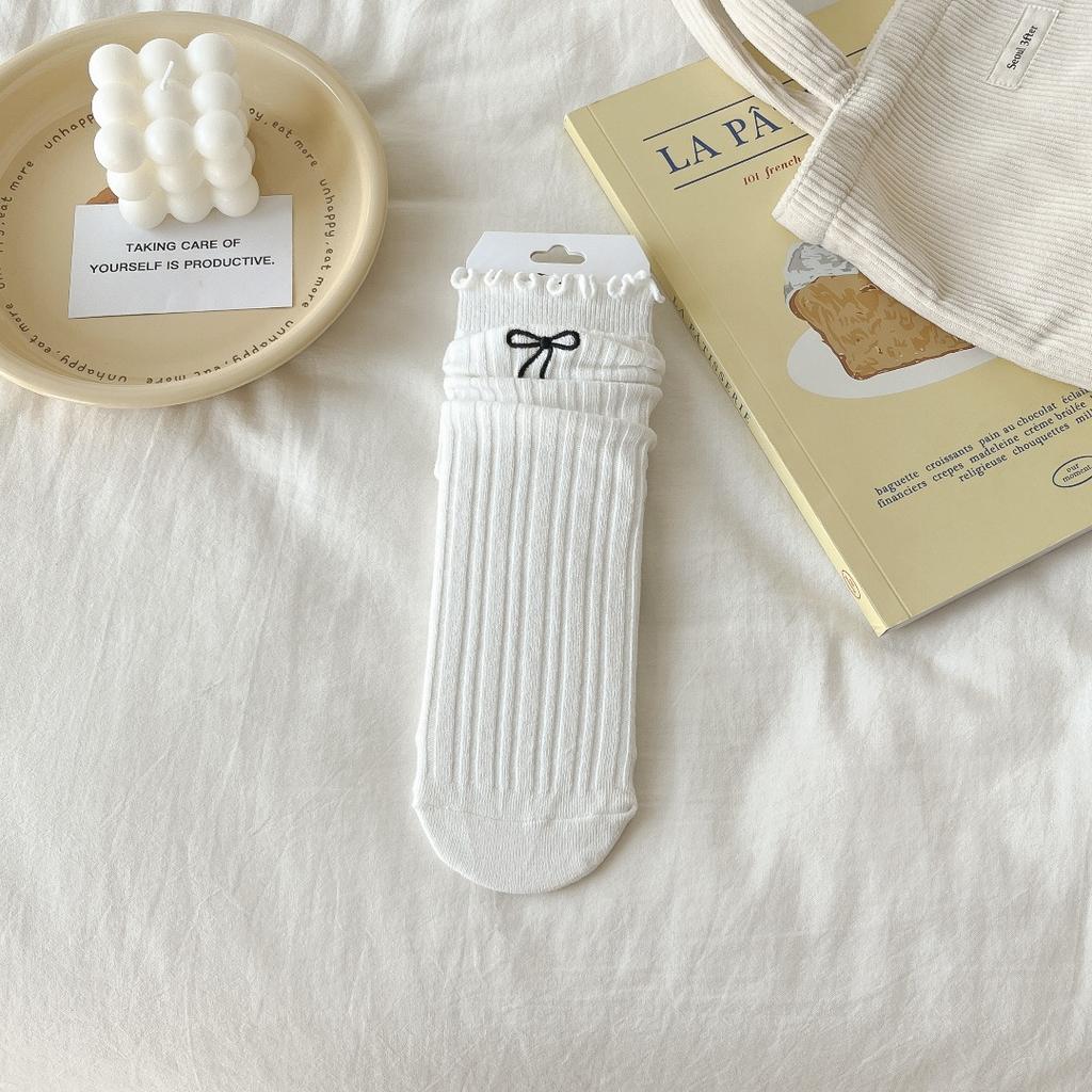 Женские носки Miu, женские хлопковые носки Mori с двойной иглой, с вышитым бантом и грибком, средние носки-трубы