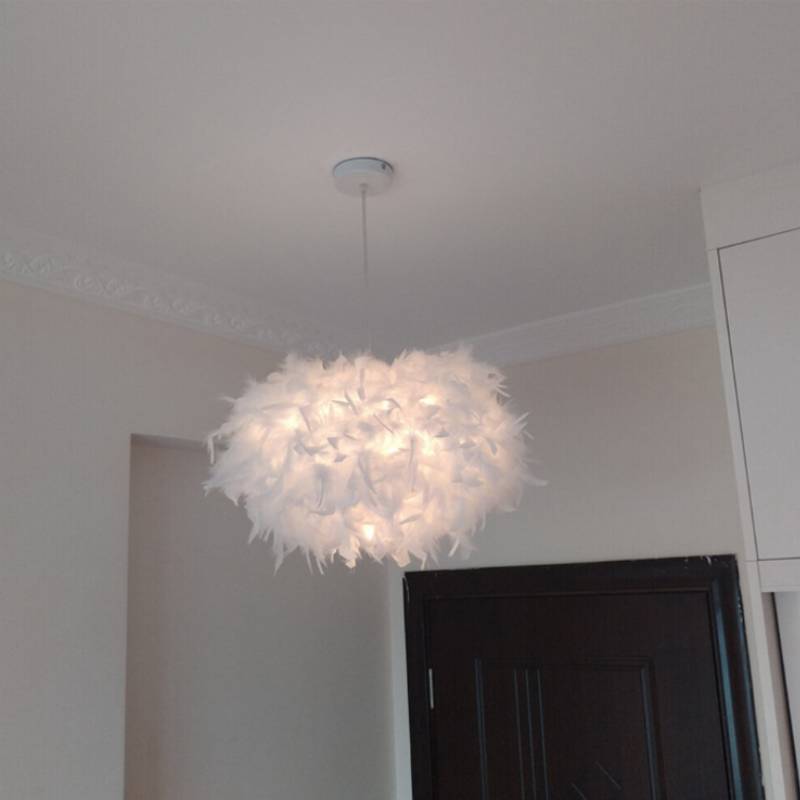 Iron Chandelier With Feather Shade And Led Lighting For Home Living Spaces