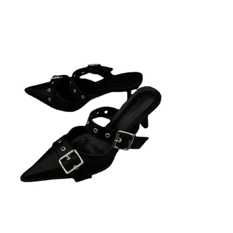 2024 Панк Готика Металлическая Пряжка Туфли на Высоком Каблуке для Женщин Тренд 2024 6см Элегантные Женские Туфли Сандалии Модные Туфли с Острым Носком для Вечеринки