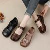 Retro Genuine Leather Hollow Hole Shoes Spring And Summer Top Layer Cowhide Large Size Casual Flat Sandals For Women