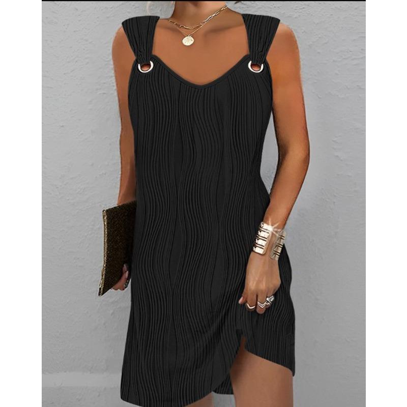 VEZFAA Women's Fashion Summer Spring Solid Color Print Sleeveless V-Neck Loose Waistline Casual Dresses