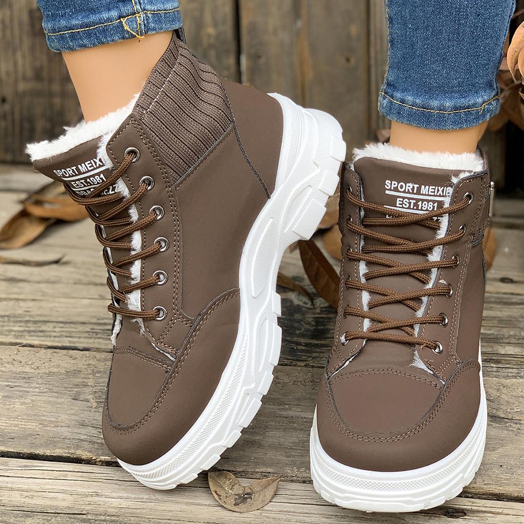 Модные женские теплые ботинки на среднем каблуке, зимние студенческие ботинки на плоской подошве для ходьбы, однотонные ботинки на шнуровке, повседневная спортивная обувь