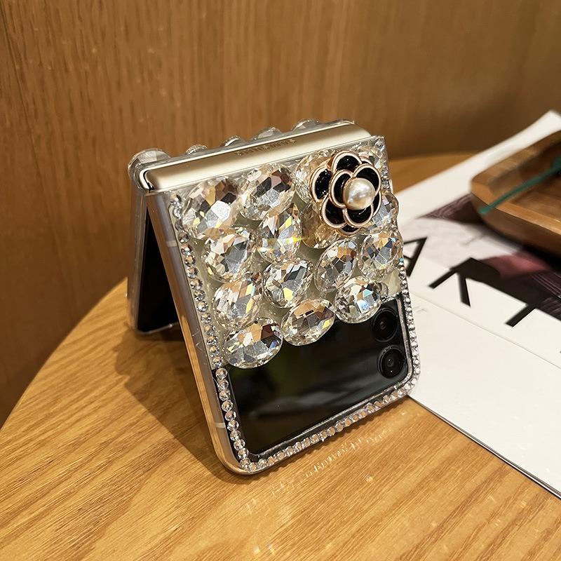 Luxury Bling Diamond Rhinestone Crystal Phone Case for Samsung Galaxy Z Flip 5 4 3 DIY Pearl Camellia Clear Hard PC Back Cover