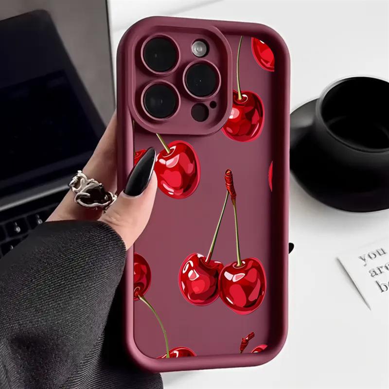 Luxury Wine Red Cherry Print Silicone Soft Phone Case For 17 16 15 14 13 12 11 Pro Max 17 Air 16E XS X XR 7 8 Plus Cover