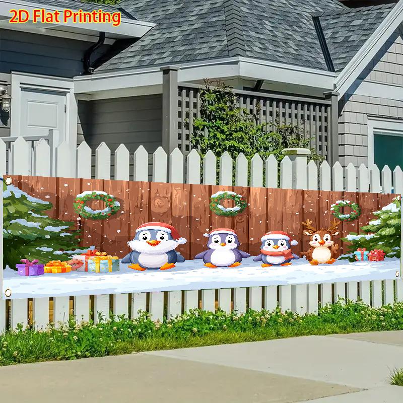 Winter Christmas Fence Banner, Row of Cute Penguins & Pine Trees Design, Polyester Outdoor Lawn Wall Festival Decoration