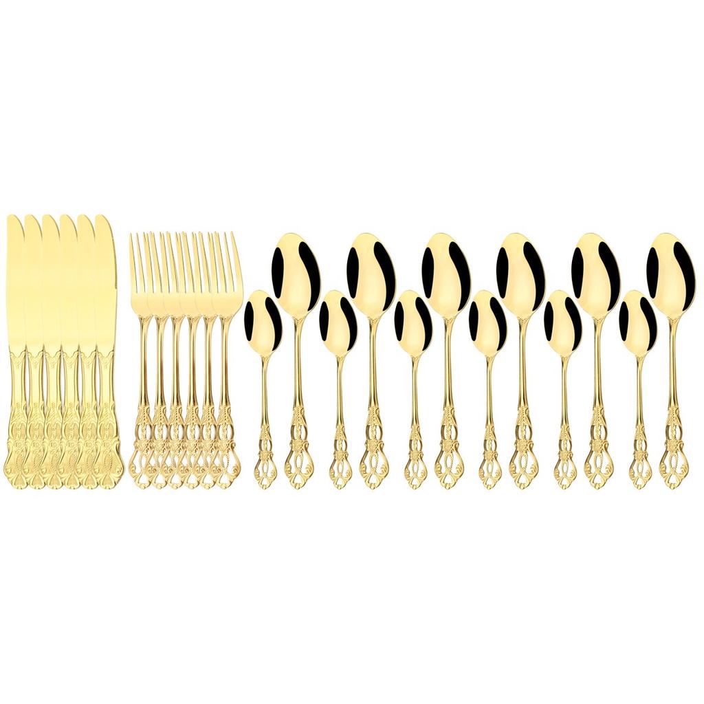 24 шт., нож, вилка, ложка для льда, набор столовой посуды, красочный набор столовых приборов из нержавеющей стали, винтажная полая посуда, столовое серебро для свадебной вечеринки