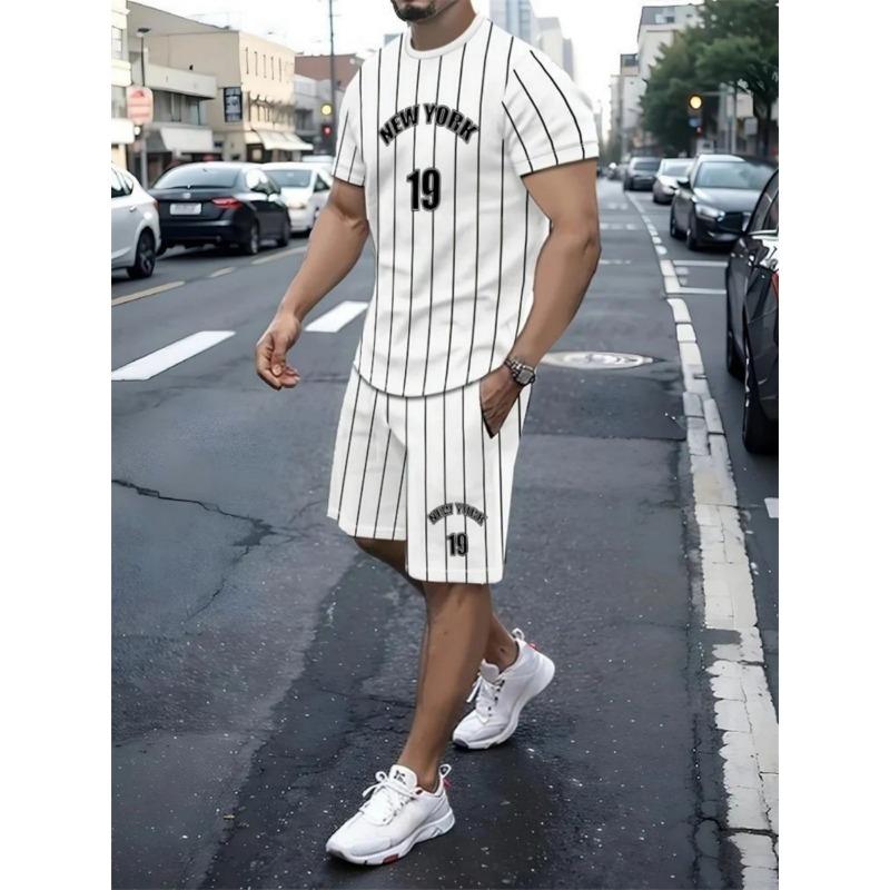 Летний мужской удобный и дышащий комплект из футболки с круглым вырезом с цифровой печатью и шорт, подходящий для активного отдыха и спорта