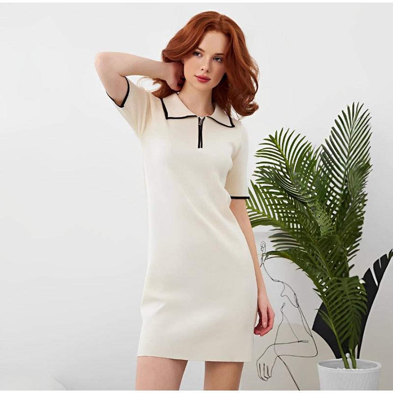 Elegant Women's Short Dress Turn-Down Collar Short Sleeve Zipper Casual Lady Dresses 2025 Spring Summer Fashion Female Dress