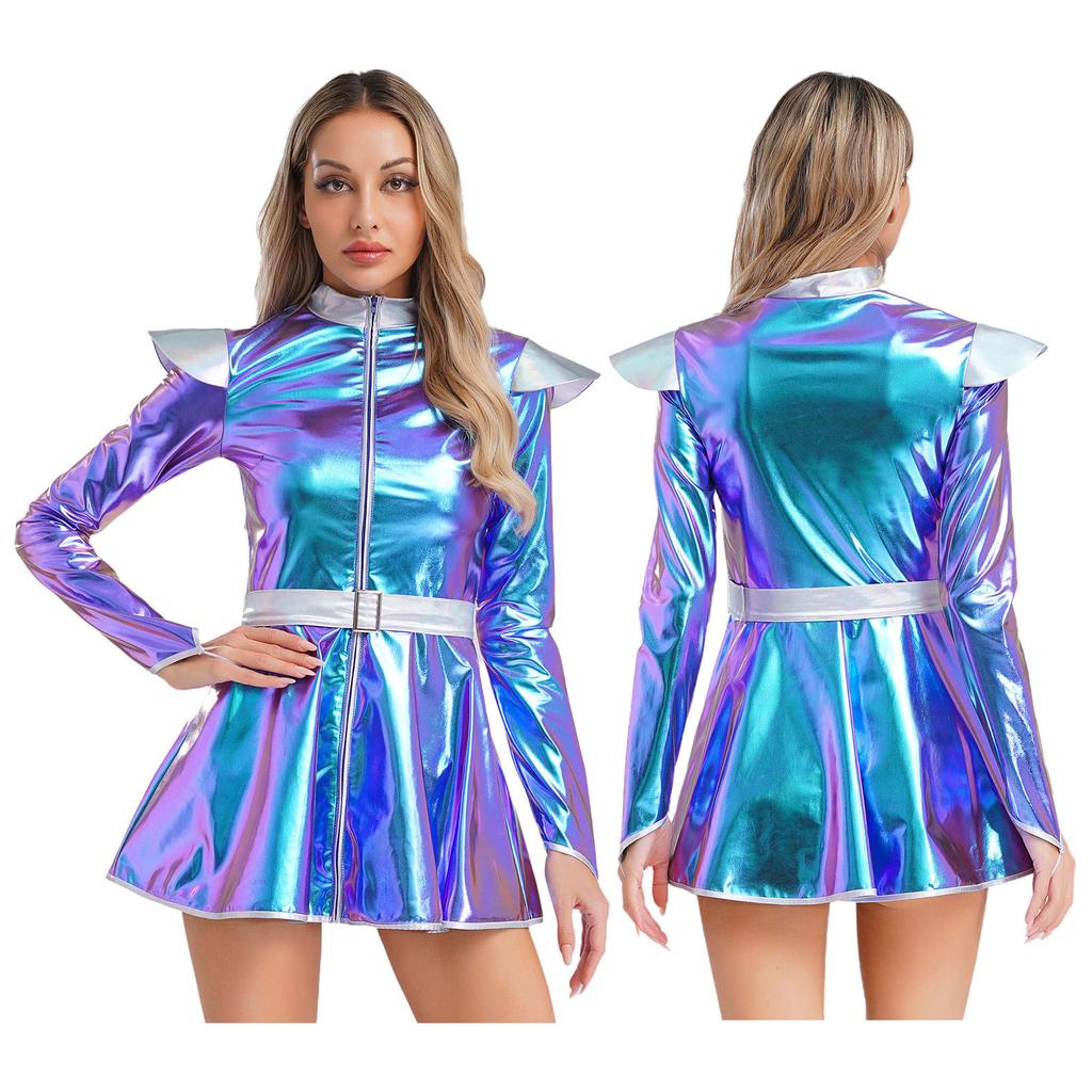 Женский костюм инопланетного робота на Хэллоуин, металлизированное блестящее платье А-силуэта с длинным рукавом и передней молнией, с поясом