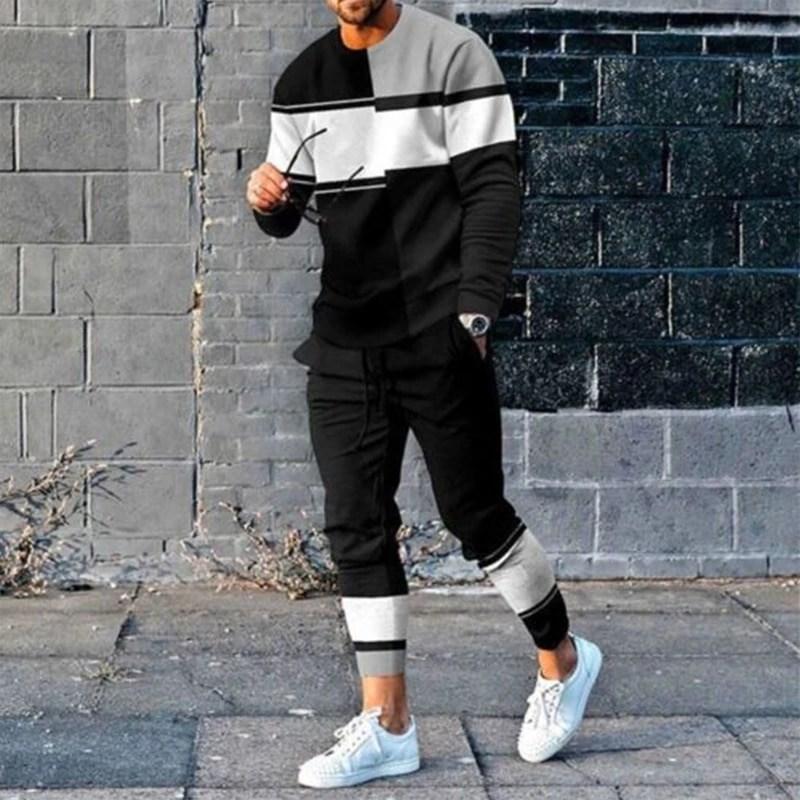 Fashion Splicing Color 3D Printing Men's Sportswear Set Casual Long-sleeved Pants 2-piece Set Oversized Pullover Men's Clothing