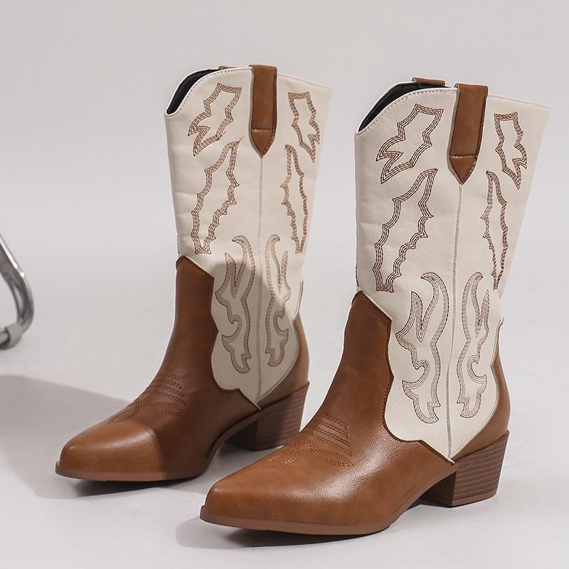 Vintage Slip On Women Western Cowgirl Boots Fashion Elegant Embroidery Shoes Thick Heel Women's Modern Mid Calf Booties