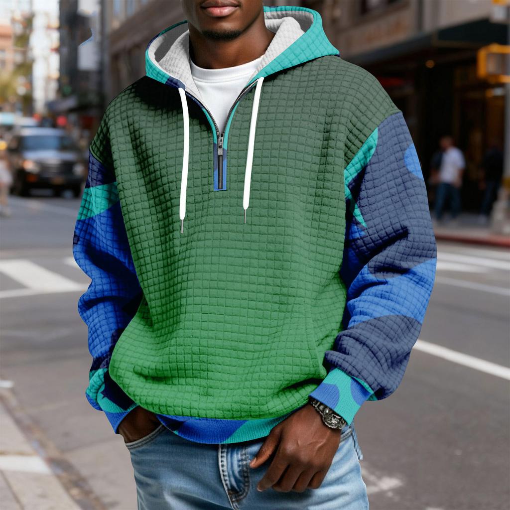 Мужской худи-пуловер в клетку с капюшоном на молнии до середины, со шнурком и принтом, повседневная спортивная толстовка