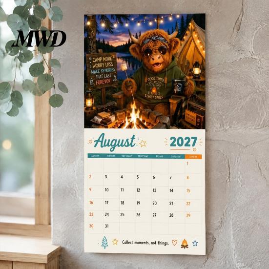 Office Wall Hanging Calendar 2027 Funny Highland Cow Calendar, Cute Farm Animal 12 Month Gift for Lovers Scottish Planner Rustic Home Decor Art Living