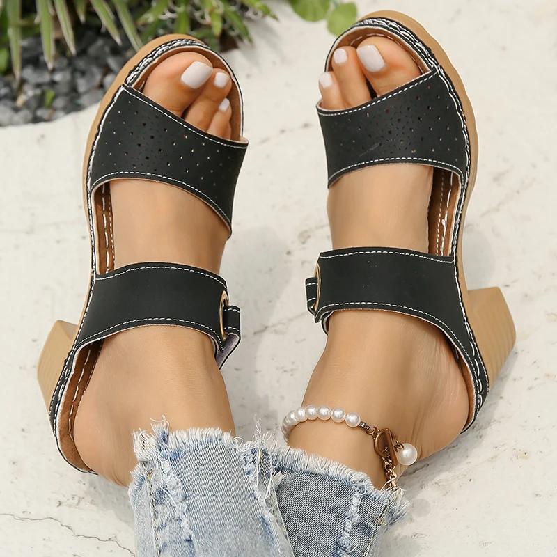 Модные сандалии на толстом высоком каблуке с застежкой-липучкой, женские, с вырезами, летние, пляжные, женские, больших размеров, противоскользящие, на платформе, сандалии для женщин