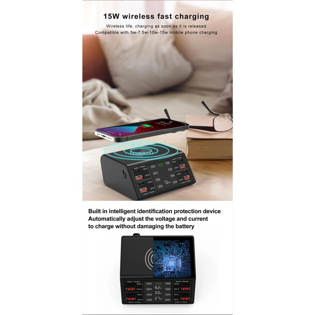 100 Вт 8 портов USB Type C быстрая зарядная станция QC3.0 PD3.0 PPS беспроводная зарядка настольного телефона быстрая зарядка для iPad планшета телефона