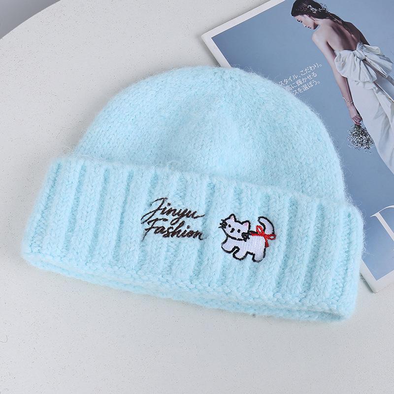 Source new cat letter embroidery knitted wool hat women's autumn and winter flanged warm cold hat stack hat