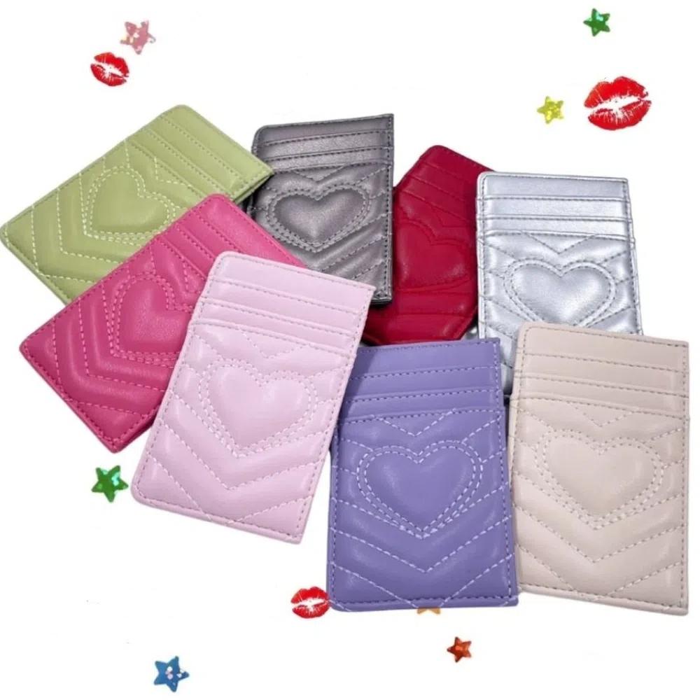 Fashion Heart Pattern Card Holder PU Leather Thin Coin Purse Portable Solid Color Women's Card Bag ID Card