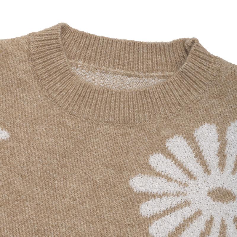 Осенне-зимний женский повседневный свитер с длинными рукавами и круглым вырезом с цветочным принтом