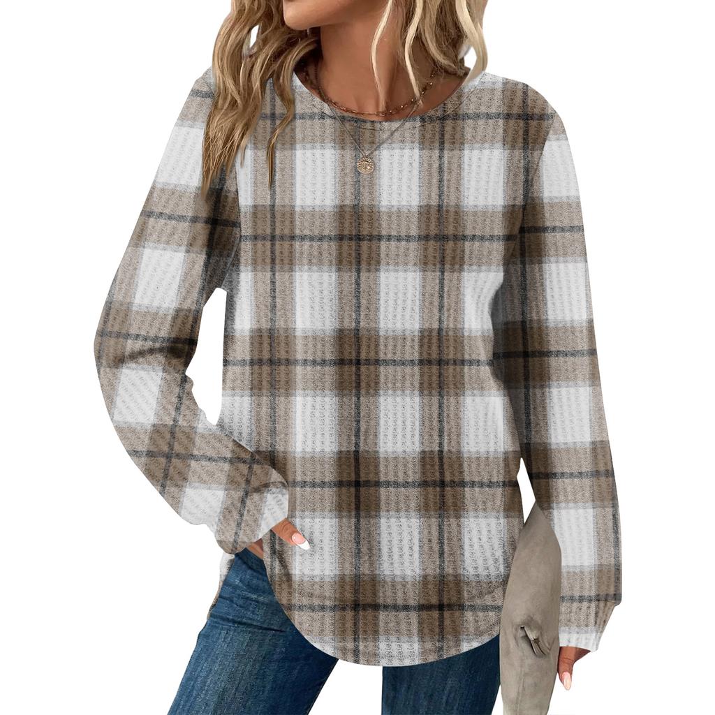 Женский повседневный топ свободного кроя с круглым вырезом и длинными рукавами в клетку