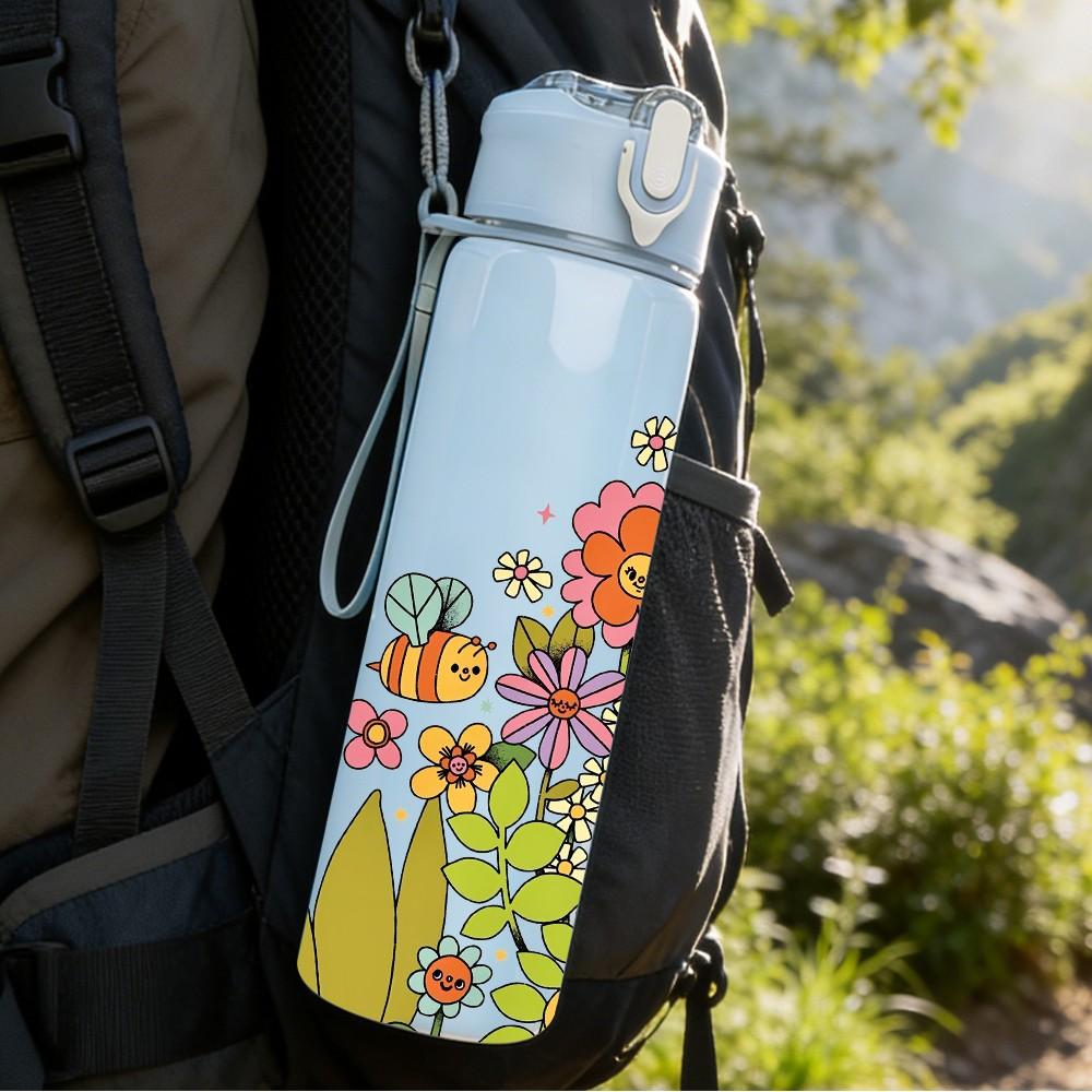 1PC Boho Wild Flower Art 750ml Color Plastic Sports Water Bottle Leakproof Flip Straw Lid Suitable for Sports Office Home Use