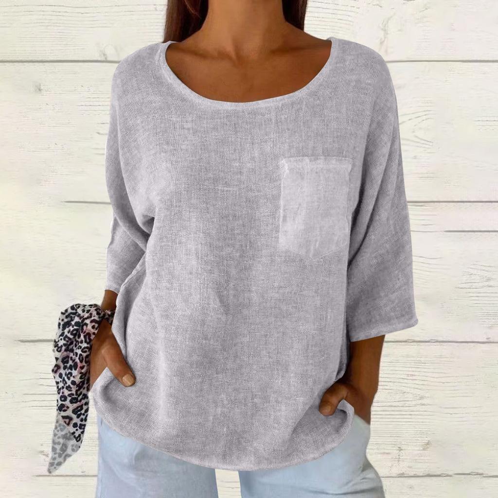 Женская мода однотонная свободная футболка с круглым вырезом и рукавом семь четвертей