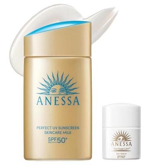 Солнцезащитное молочко Anessa Perfect UV Skin Care Milk NA Day Serum N Маленький размер 60 мл + 6 мл SPF50+ PA++++ Для лица и тела База под макияж Водостойкий