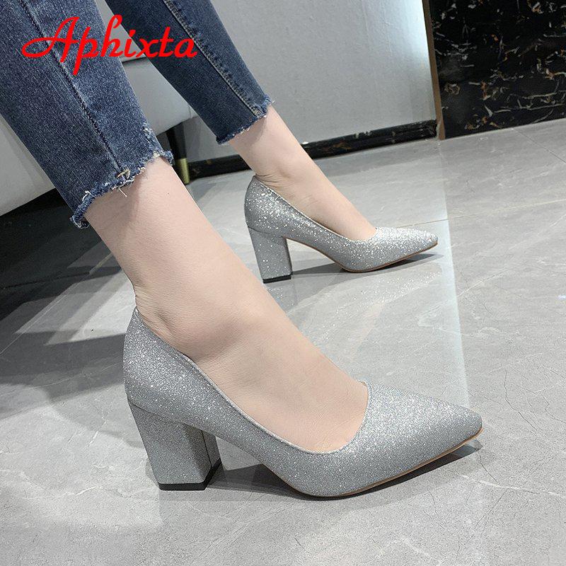 Aphixta Pointed Toe Shoes Women Pumps 7.5cm Career Square Heels Bling Work Office Party Shoes Super Big Size 49 50