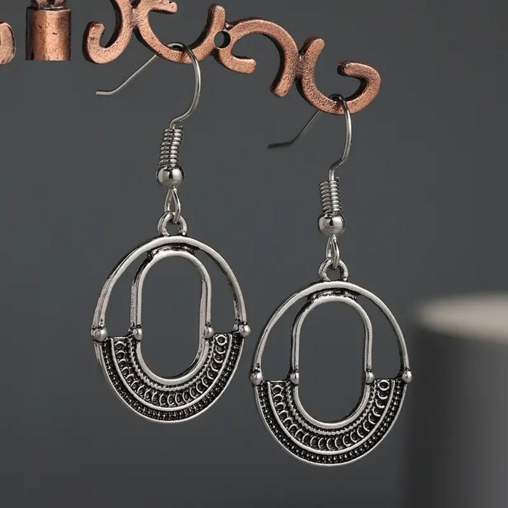 Youmu Vintage Geometric Antique Silver Hollow Earrings - European & American Style